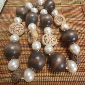 Vintage Wood, Clay and Pearl Necklace